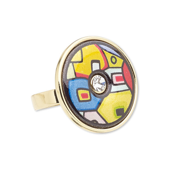 Ring, Avant-Garde Jewelry Collection, enamel / Czech glass rhinestone / gold-plated brass, multicolored, 25mm flat round with geometric design, size 8-1/2. Sold individually. image number 0