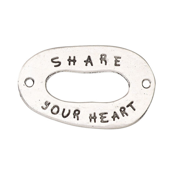 Link, antique silver-finished "pewter" (zinc-based alloy), 35x21mm single-sided open oval with "SHARE YOUR HEART." Sold per pkg of 2. image number 0