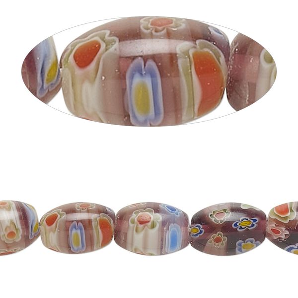 Bead, millefiori glass, translucent purple and multicolored, 11x7mm-13x8mm oval. Sold per 14-inch strand. image number 0