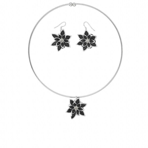 Necklace and earring set, acrylic and silver-finished steel, black, 32x30mm flower, 16-1/2 inches, 1-1/2 inch earrings with fishhook ear wire. Sold per set. image number 0