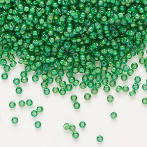 Seed bead, Miyuki, glass, pkg/25g, #11 rocaille, translucent white-lined luster green, (RR-3763).