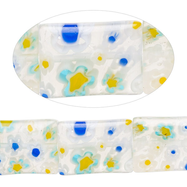 Bead, millefiori glass, translucent multicolored, 18x13mm flat rectangle with 0.6-0.8mm hole. Sold per 15-inch strand. image number 0