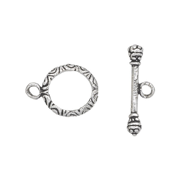 Clasp, toggle, antique silver-plated white brass, 14x13mm fancy oval with swirls. Sold per pkg of 2. image number 0