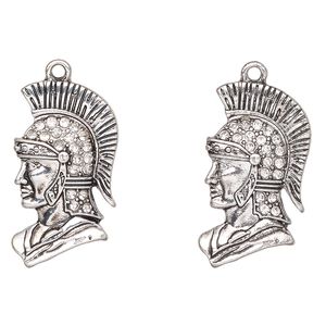 Focal, antique silver-finished "pewter" (zinc-based alloy) and glass, clear, 30x17mm Trojan head. Sold per pkg of 2.