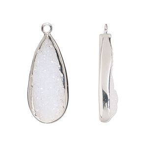 Drop, white druzy agate (natural) and sterling silver, 27x12mm single-sided teardrop. Sold per pkg of 2.