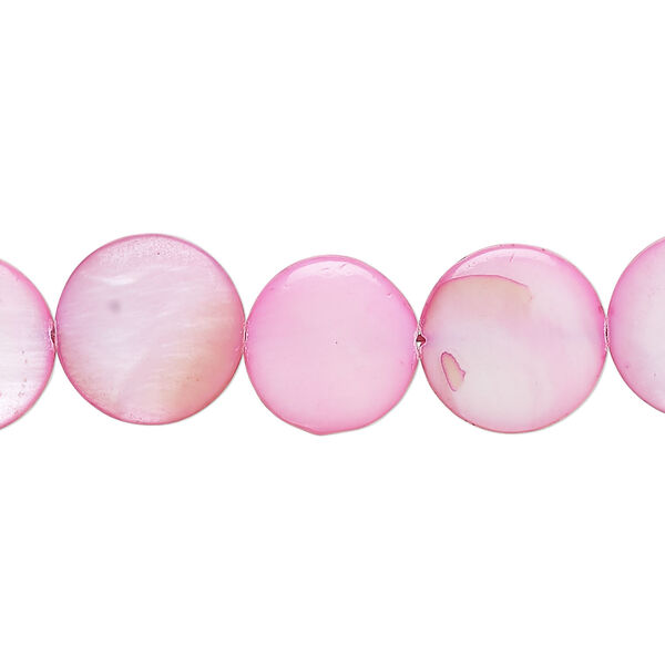 Mother-of-pearl shell 1pkg1, puffed flat round bead 15 inch bright pink 12-13mm image number 0