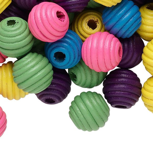Bead mix, painted Korean boxwood, mixed colors, 16x15mm fluted round. Sold per 1/4 pound pkg, approximately 100 beads. image number 0