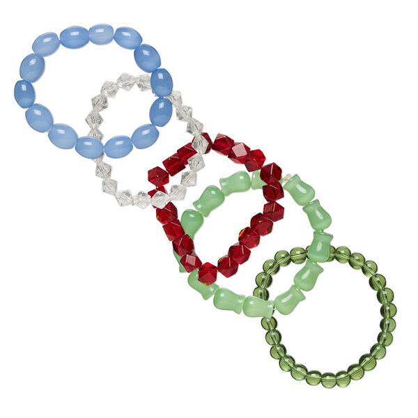 Bracelet mix, stretch, glass, multicolored, 5-11mm mixed shapes, 6 inches. Sold per pkg of 5. image number 0