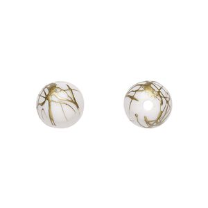 Bead, acrylic, white and gold, 10mm round with swirls. Sold per pkg of 200.