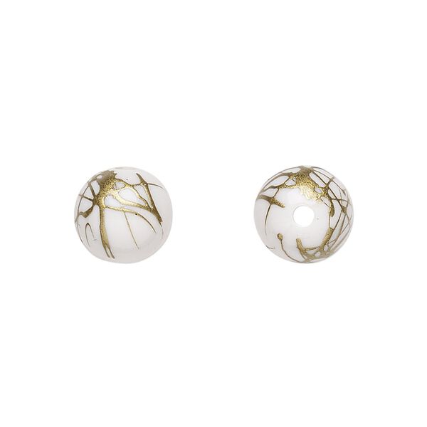 Bead, acrylic, white and gold, 10mm round with swirls. Sold per pkg of 200. image number 0