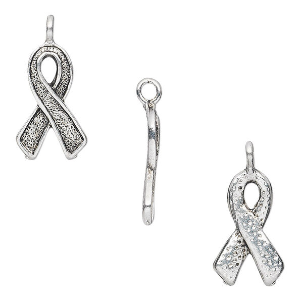Charm, antique silver-plated "pewter" (zinc-based alloy), 17x10mm single-sided awareness ribbon. Sold per pkg of 20. image number 0