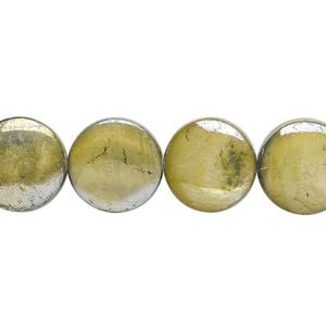 Bead, mother-of-pearl shell (dyed), dark olive green AB, 12-13mm puffed flat round with 0.4mm hole, Mohs hardness 3-1/2. Sold per 15-1/2" to 16" strand.