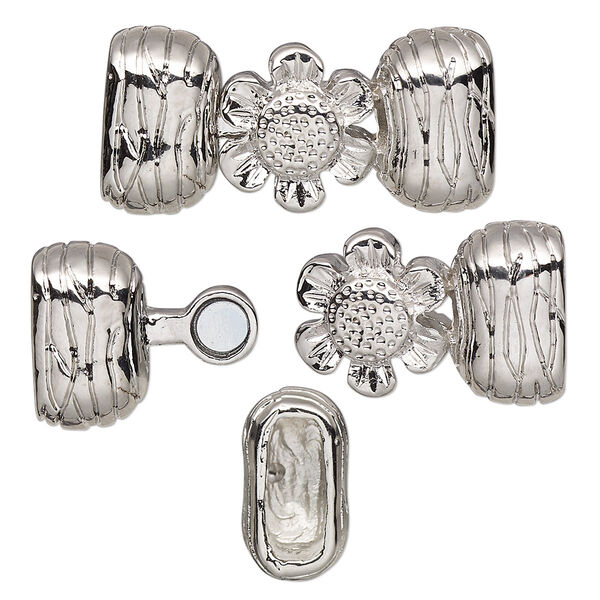 Clasp, magnetic, silver-plated "pewter" (zinc-based alloy), 28x14mm textured flower with (2) 10x4mm glue-in end caps. Sold individually. image number 0