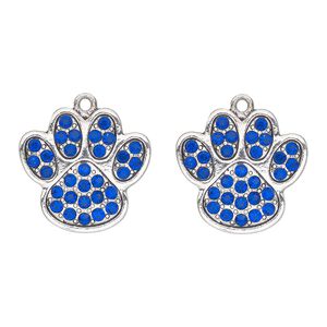 Charm, antique silver-finished "pewter" (zinc-based alloy) and glass, blue, 24x23mm single-sided paw print. Sold per pkg of 2.