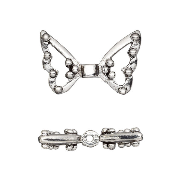 Bead, antique silver-plated pewter (tin-based alloy), 25x15.5mm open wings. Sold individually. image number 0
