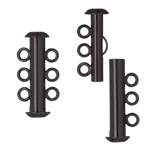 Clasp, 3-strand slide lock, electro-coated brass, black, 21.5x6mm tube. Sold per pkg of 2.