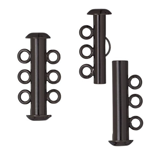 Clasp, 3-strand slide lock, electro-coated brass, black, 21.5x6mm tube. Sold per pkg of 2. image number 0