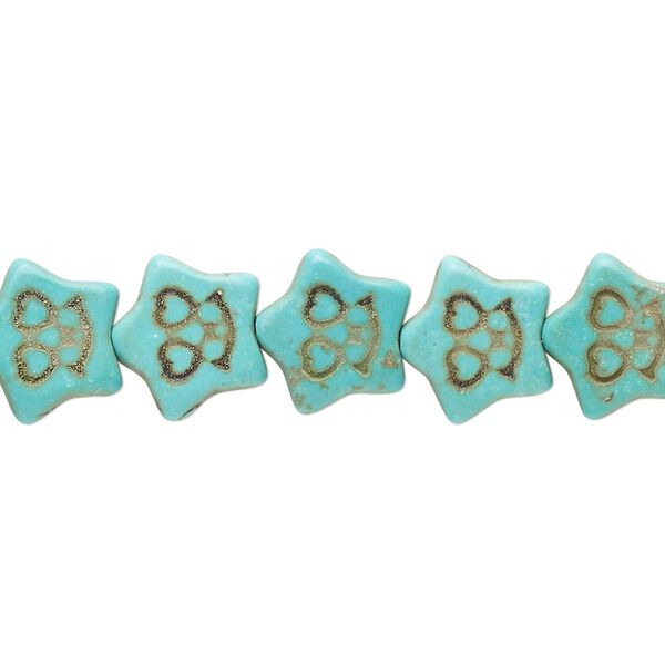 Bead, "howlite" (resin) (imitation), aqua green, 12x11mm carved flat star. Sold per 15-inch strand. image number 0