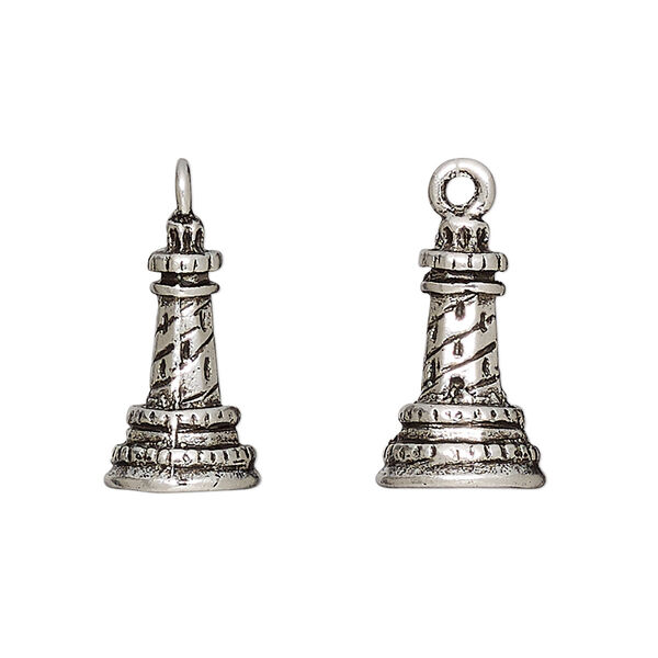 Charm, antique silver-plated pewter (tin-based alloy), 18.5x11.5mm 3D lighthouse. Sold per pkg of 2. image number 0
