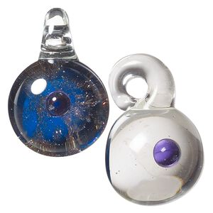 Drop, lampworked glass, clear / blue / purple, 21mm round with suspended sphere and copper-colored glitter. Sold individually.