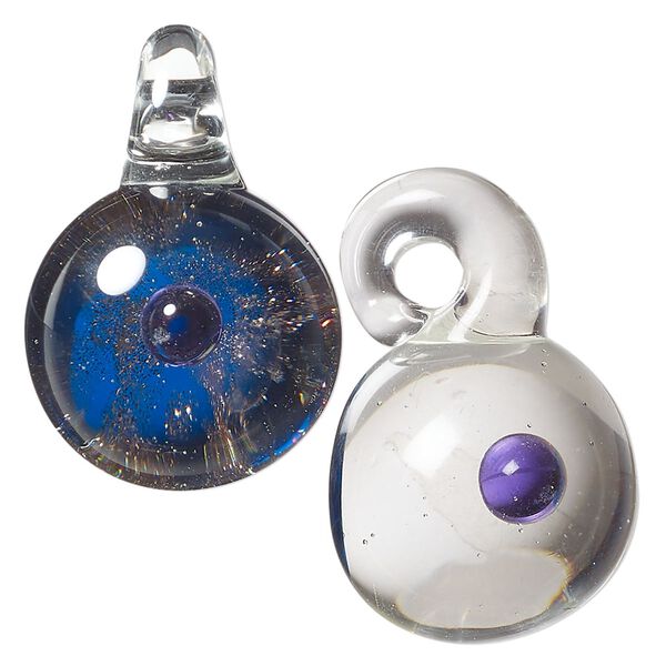 Drop, lampworked glass, clear / blue / purple, 21mm round with suspended sphere and copper-colored glitter. Sold individually. image number 0