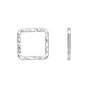 Component, silver-plated steel, 16x16mm double-sided hammered open square. Sold per pkg of 10.