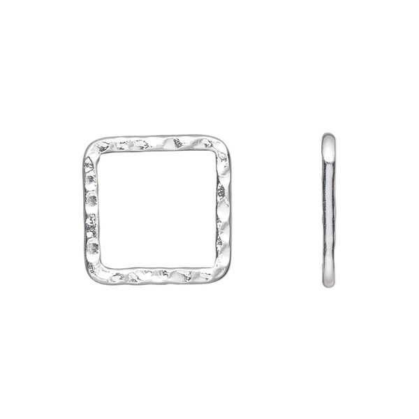 Component, silver-plated steel, 16x16mm double-sided hammered open square. Sold per pkg of 10. image number 0