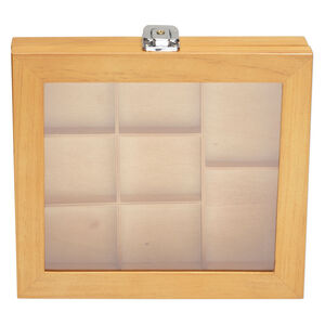 Organizer, stained wood / acrylic / brass / imitation rhodium-finished steel, brown / black / clear, 8-1/2 x 7-1/2 x 1-3/4 inch hinged rectangle with 7-3/4 x 6-3/4 x 3/4 inch tray and 8 compartments with key lock. Sold individually.