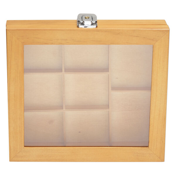 Organizer, stained wood / acrylic / brass / imitation rhodium-finished steel, brown / black / clear, 8-1/2 x 7-1/2 x 1-3/4 inch hinged rectangle with 7-3/4 x 6-3/4 x 3/4 inch tray and 8 compartments with key lock. Sold individually. image number 0