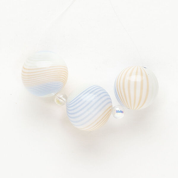 Bead 1pkg3 handblown glass, 20-21mm round / line design, translucent white / multicolored image number 0