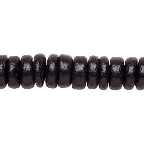 Bead, wood (dyed), black, 10x2.5mm-10.5x4mm hand-cut rondelle. Sold per 15-1/2" to 16" strand. image number 0