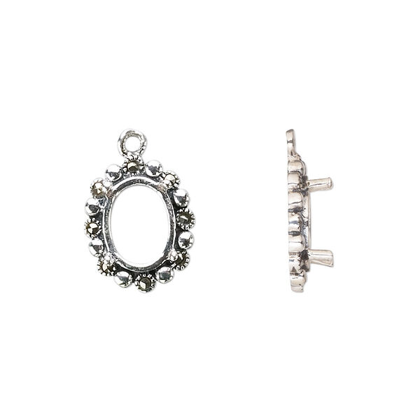 Drop, marcasite (natural) and sterling silver, 14x12mm oval with 10x8mm 4-prong oval setting. Sold individually. image number 0