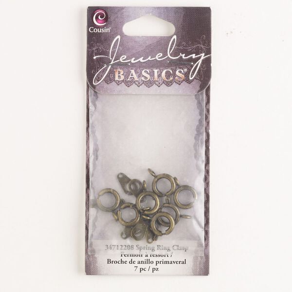 Clasp, springring, steel, pkg/7, 9mm round with chain tab, antique brass finish. image number 0