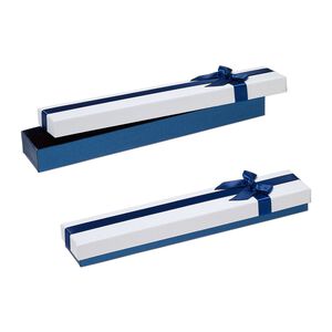 Gift box, cardboard / paper / velveteen / nylon, blue shimmer / white / black, 1 x 1-1/2 x 9-inch rectangle with ribbon and bow. Sold per pkg of 12.