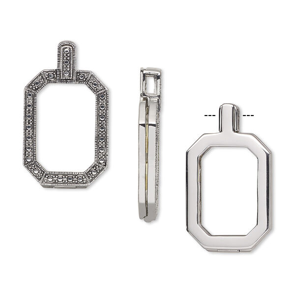 Pendant, Almost Instant Jewelry®, antique silver-plated brass and rubber, 42x24mm single-sided hinged octagon with 27x18.5mm emerald-cut setting. Sold individually. image number 0