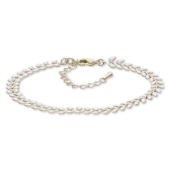 Bracelet, epoxy and gold-plated brass, white, 6.5mm wide with wreath design, 7-1/2 inches with 2-inch extender chain and lobster claw clasp. Sold individually. image number 0