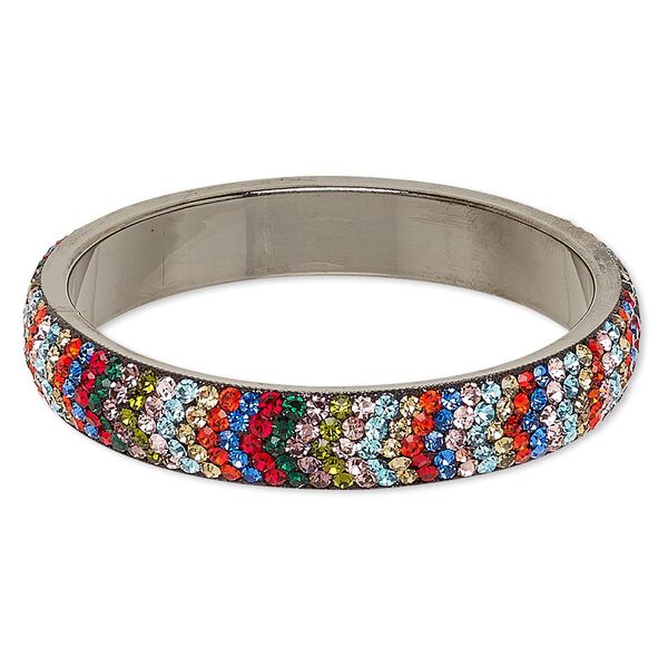 Bracelet, bangle, epoxy / Preciosa glass rhinestone / gunmetal-plated brass, multicolored, 15mm wide with chevron design, 2-3/4 inch inside diameter. Sold individually. image number 0