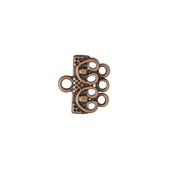 End bar, antique copper-finished "pewter" (zinc-based alloy), 16x7mm 3-strand single-sided rectangle with beaded design. Sold per pkg of 12. image number 0