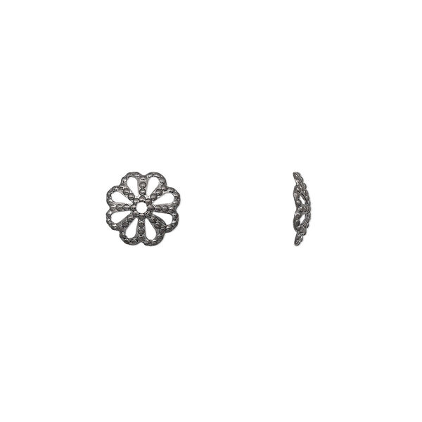 Bead cap, gunmetal-plated brass, stamped, 8x2mm fancy round with cutout pattern, fits 8-10mm bead. Sold per pkg of 100. image number 0