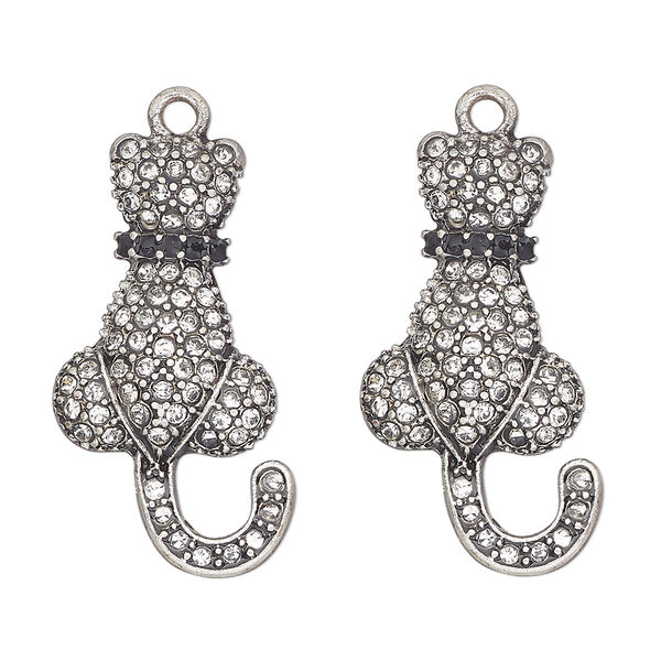 Focal, antique silver-finished "pewter" (zinc-based alloy) and glass, clear and black, 30x17mm single-sided cat. Sold per pkg of 2. image number 0