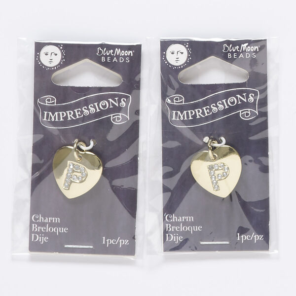 Charm, gold-finished "pewter" (zinc-based alloy) / steel / acrylic rhinestone, clear, 15.5x15mm single-sided puffed heart with letter "P." Sold per pkg of 2. image number 0