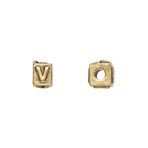 Bead, antique gold-plated pewter (tin-based alloy), 8x6mm rectangle with alphabet letter "V." Sold per pkg of 4.