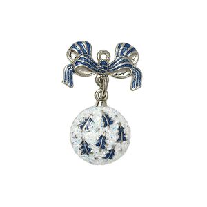 Charm, silver-plated "pewter" (zinc-based alloy) with enamel and glitter, blue and white, 25x17mm single-sided ornament with bow. Sold individually.