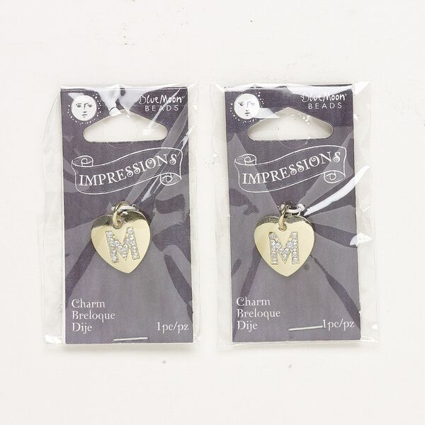Charm, gold-finished "pewter" (zinc-based alloy) / steel / acrylic rhinestone, clear, 15.5x15mm single-sided puffed heart with letter "M." Sold per pkg of 2. image number 0