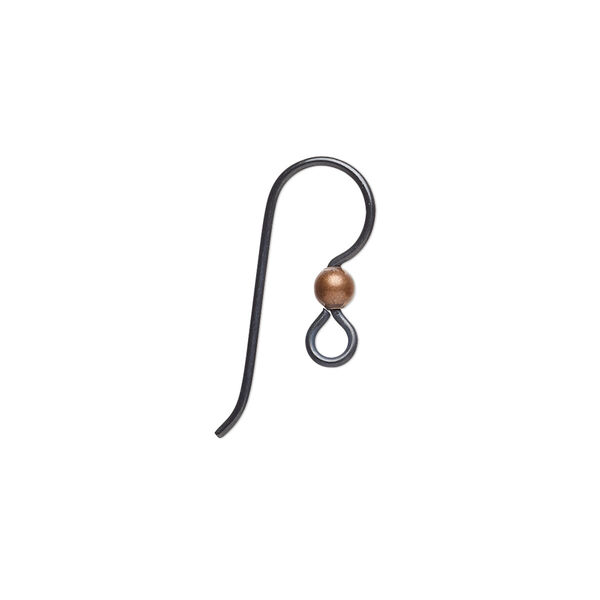 Ear wire, anodized niobium and antiqued copper, 15.5mm fishhook with 3mm ball and open loop, 20 gauge. Sold per pair. image number 0
