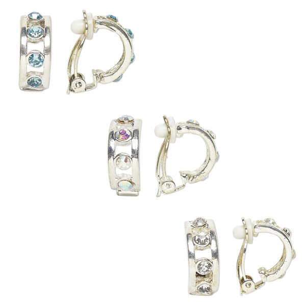 Earring mix, clip-on, Everyday Jewelry, imitation rhodium-finished "pewter" (zinc-based alloy) and glass, multicolored, 16mm. Sold per pkg of 3 pairs. image number 0