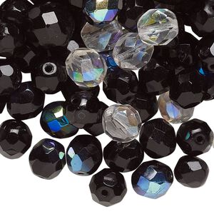 Bead mix, Preciosa Czech pressed glass, jet and clear AB, 8-18mm faceted round. Sold per 1/4 pound pkg, approximately 160-180 beads.