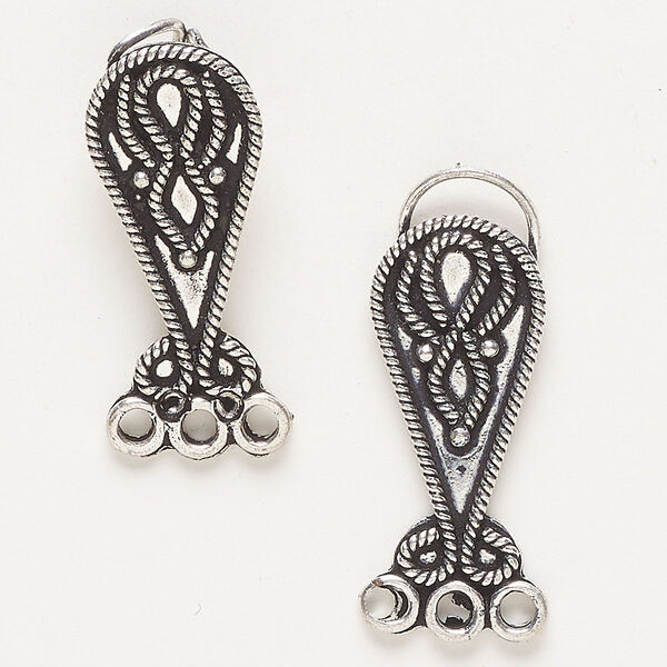 Clasp, 3-strand hook-and-eye, antique silver-finished "pewter" (zinc-based alloy), 59x12mm with rope edges. Sold individually. image number 0