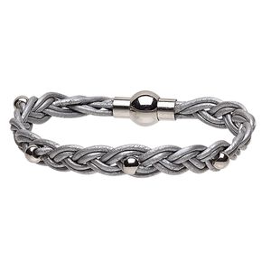 Bracelet, leather (dyed) and stainless steel, silver, 11mm wide braided with 5mm round, 6-1/2 inches with magnetic clasp. Sold individually.
