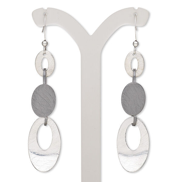 Earring, gunmetal- / imitation rhodium-finished steel / brass, 2-1/2 inches with brushed oval and fishhook ear wire. Sold per pair. image number 0